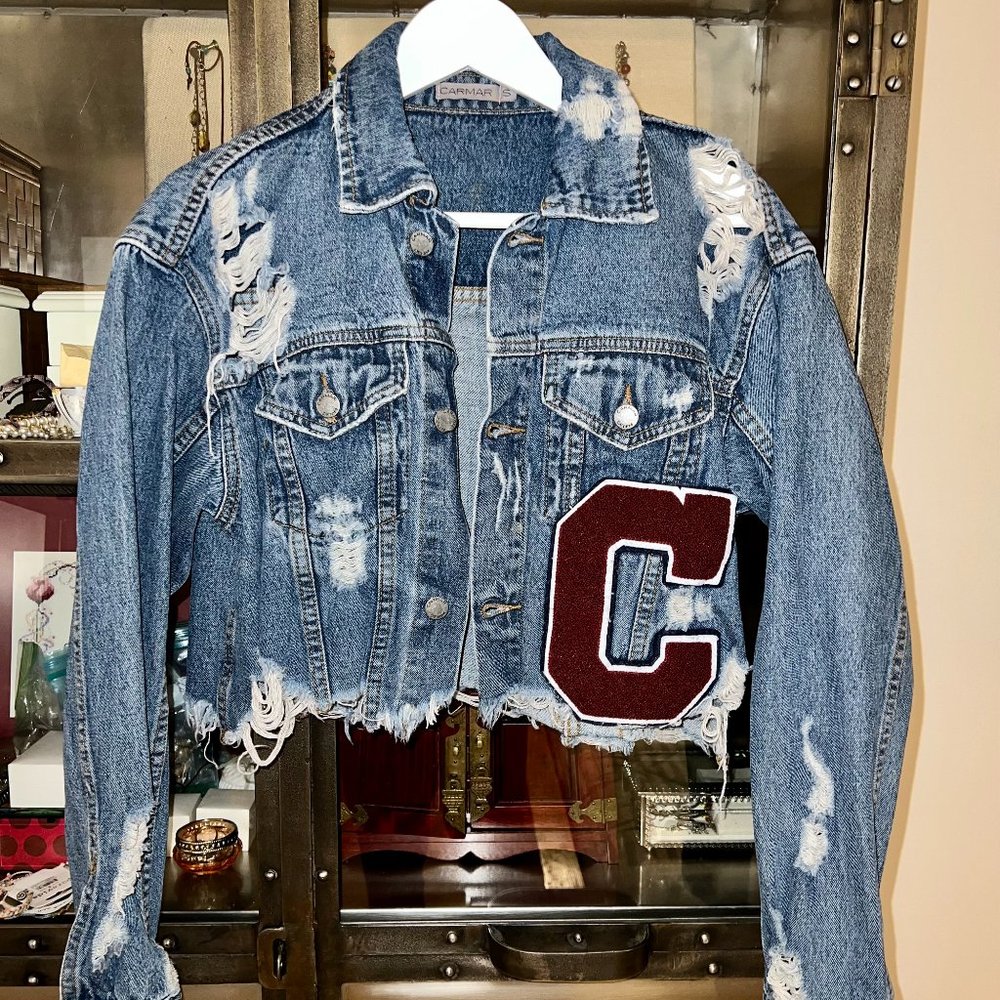 CARMAR Distressed Cropped Denim Jacket with Varsity Letter Size S